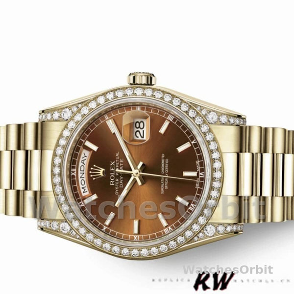 Rolex Day-Date 118388 Diamond Bezel Chocolate Brown Dial 36MM Unisex Replica Watch