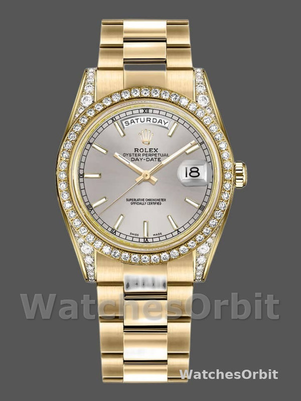 Rolex Day-Date 118388 Diamond Bezel Silver Index Dial 36MM Unisex Replica Watch