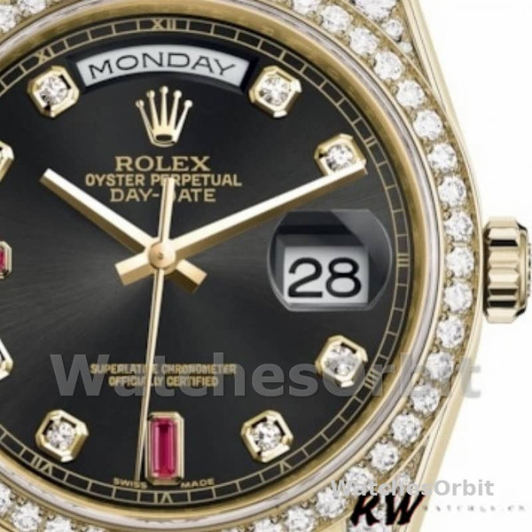 Rolex Day-Date 118388 Yellow Gold Black Diamond Rubies Dial 36mm Unisex Replica Watch