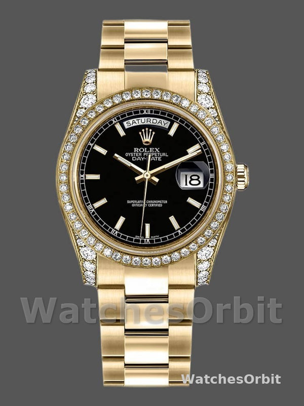 Rolex Day-Date 118388 Yellow Gold Black Index Dial 36mm Unisex Replica Watch