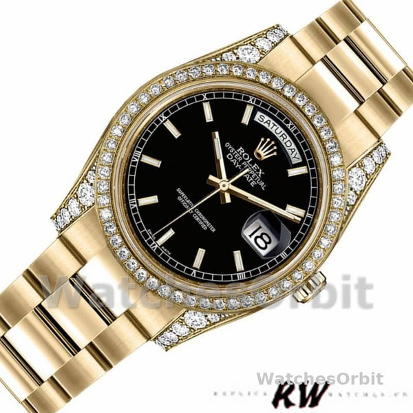 Rolex Day-Date 118388 Yellow Gold Black Index Dial 36mm Unisex Replica Watch