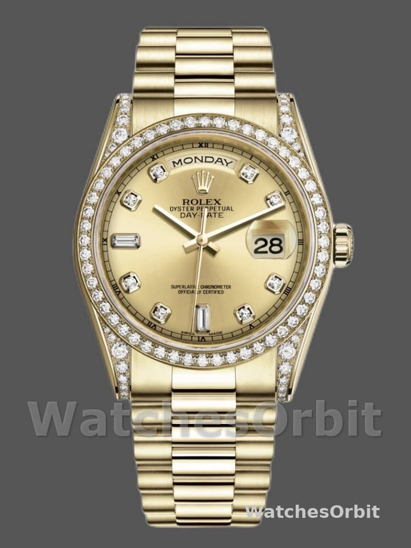Rolex Day-Date 118388 Yellow Gold Champagne Dial 36MM Unisex Replica Watch