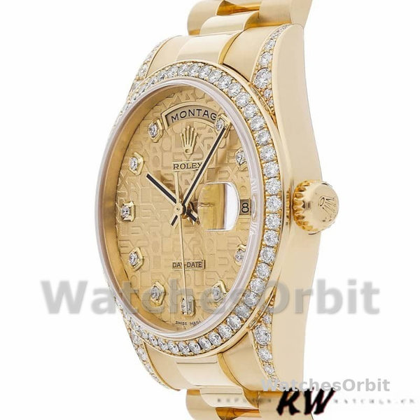 Rolex Day-Date 118388 Yellow Gold Champagne Diamond Dial 36MM Unisex Replica Watch