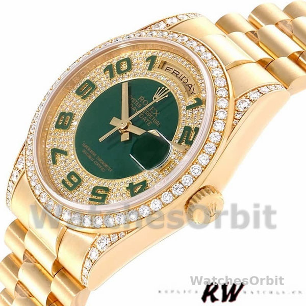 Rolex Day-Date 118388 Yellow Gold Green Enamel Diamond Dial 36MM Unisex Replica Watch