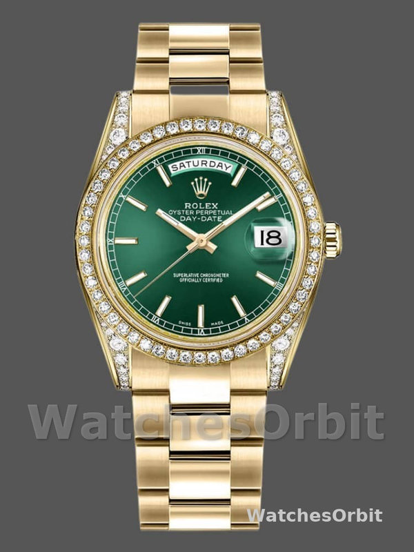 Rolex Day-Date 118388 Yellow Gold Green Index Dial 36MM Unisex Replica Watch
