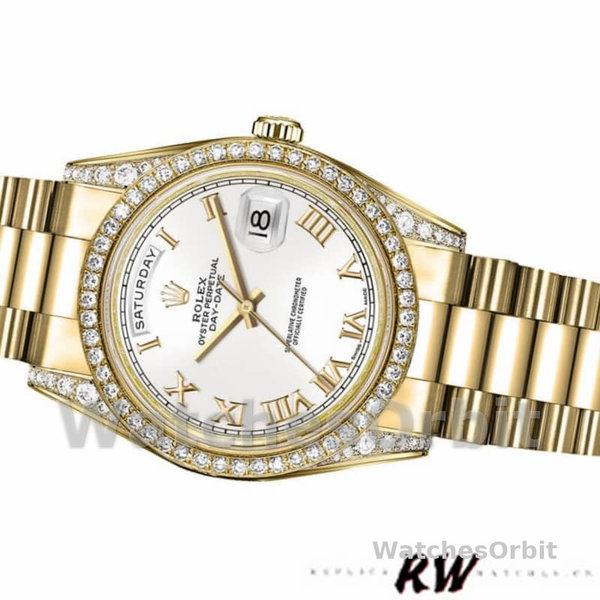 Rolex Day-Date 118388 Yellow Gold White Roman Numeral Dial 36MM Unisex Replica Watch
