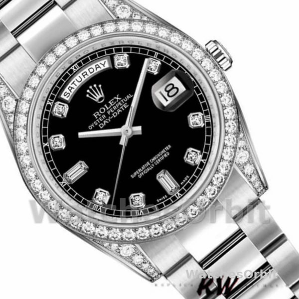 Rolex Day-Date 118389 Diamond Bezel Black Diamond Dial 36MM Unisex Replica Watch