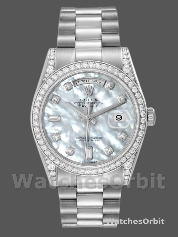 Rolex Day-Date 118389 Diamond Bezel MOP White Dial 36MM Unisex Replica Watch