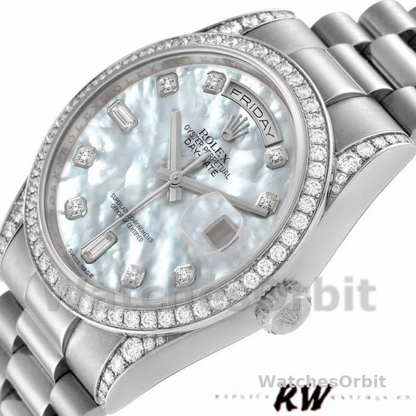 Rolex Day-Date 118389 Diamond Bezel MOP White Dial 36MM Unisex Replica Watch