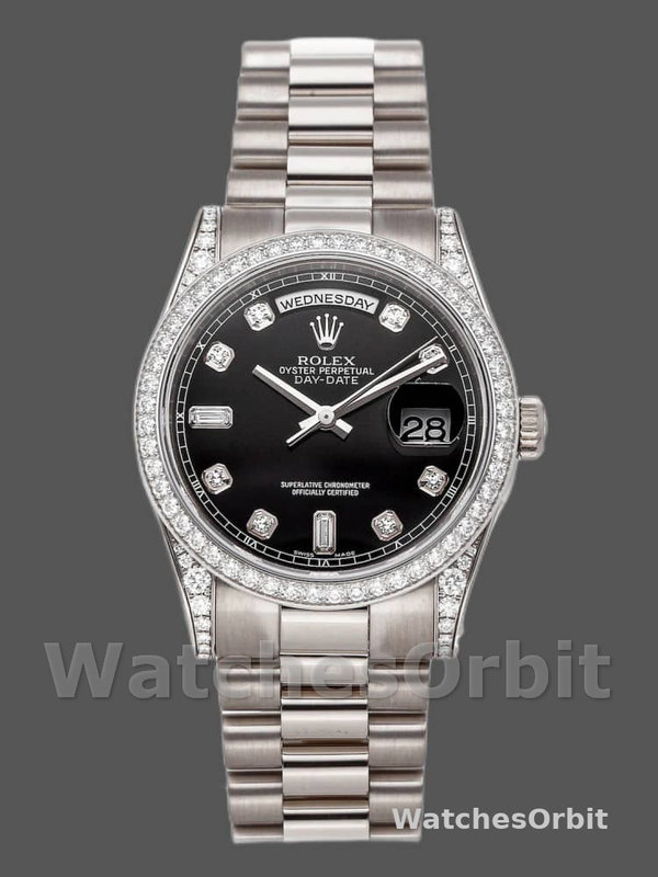 Rolex Day-Date 118389 White Gold Black Diamond Dial 36MM Unisex Replica Watch