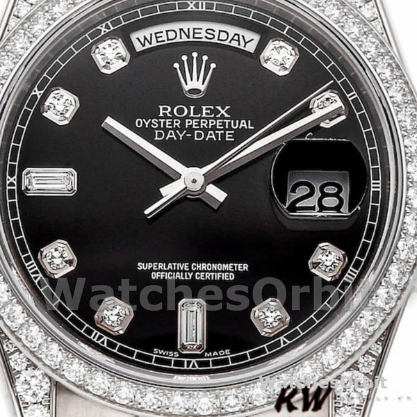 Rolex Day-Date 118389 White Gold Black Diamond Dial 36MM Unisex Replica Watch
