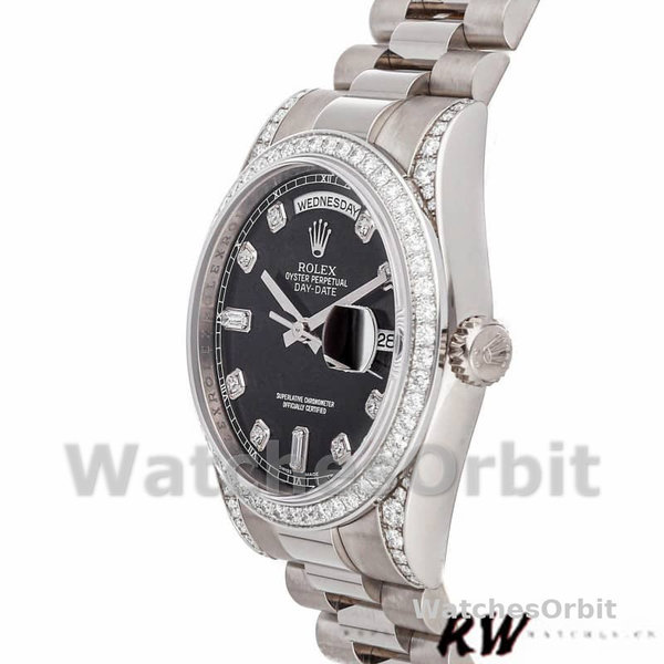 Rolex Day-Date 118389 White Gold Black Diamond Dial 36MM Unisex Replica Watch