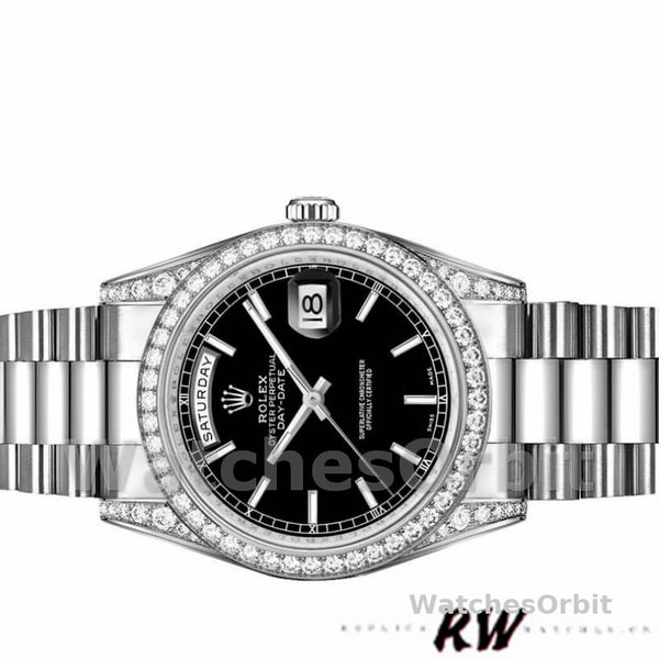 Rolex Day-Date 118389 White Gold Black Index Dial 36MM Unisex Replica Watch