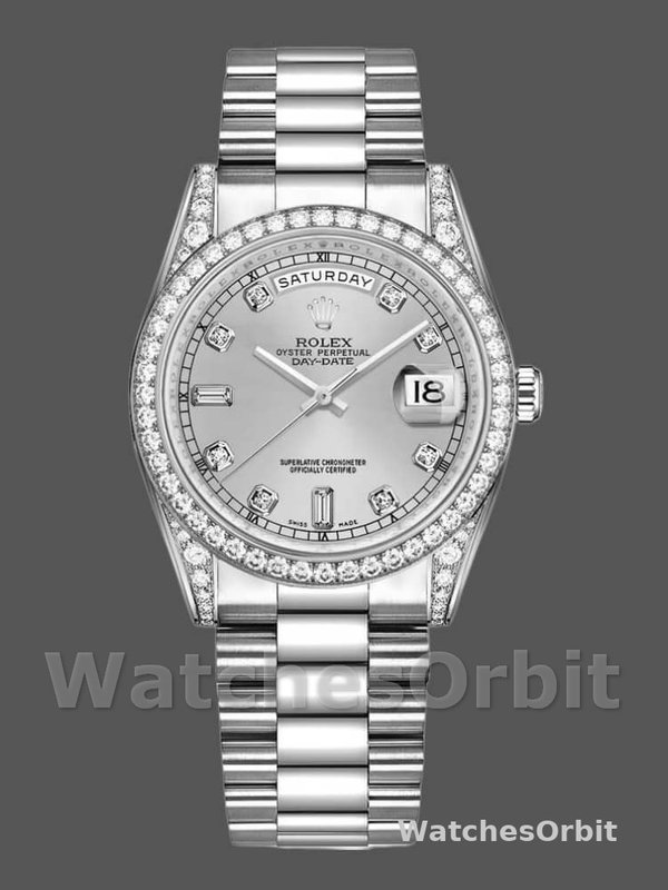 Rolex Day-Date 118389 White Gold Silver Diamond dial 36MM Unisex Replica Watch