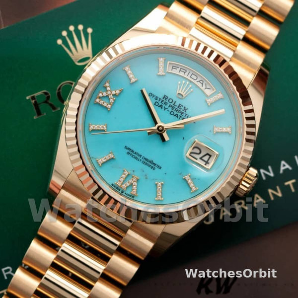 Rolex Day-Date 128238 Fluted Bezel Turquoise Diamond Dial 36MM Unisex Replica Watch