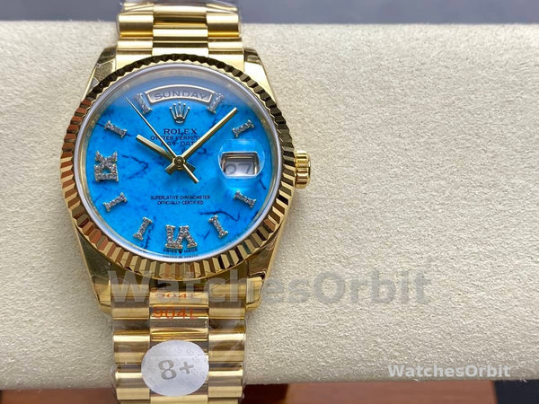 Rolex Day-Date 128238 Fluted Bezel Turquoise Diamond Dial 36MM Unisex Replica Watch