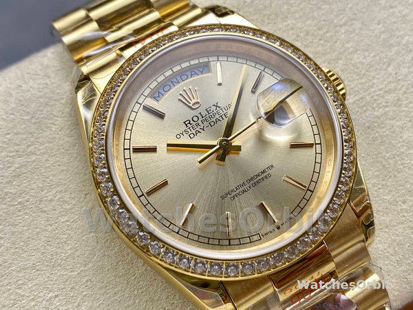 Rolex Day-Date 128348RBR Champagne Index Dial Yellow Gold 36MM Unisex Replica Watch