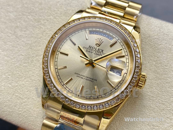 Rolex Day-Date 128348RBR Champagne Index Dial Yellow Gold 36MM Unisex Replica Watch