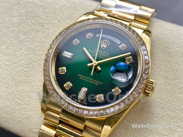 Rolex Day-Date 128348RBR Green Ombre Diamond Dial Yellow Gold 36MM Unisex Replica Watch