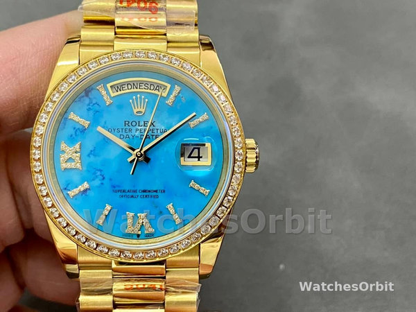 Rolex Day-Date 128348RBR Turquoise Diamond Dial Yellow Gold 36MM Unisex Replica Watch