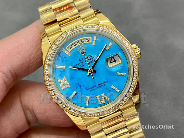 Rolex Day-Date 128348RBR Turquoise Diamond Dial Yellow Gold 36MM Unisex Replica Watch