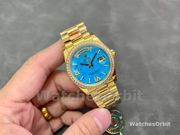 Rolex Day-Date 128348RBR Turquoise Diamond Dial Yellow Gold 36MM Unisex Replica Watch