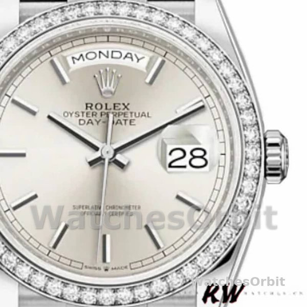 Rolex Day-Date 128349RBR Silver Index Dial Diamond Bezel 36MM Unisex Replica Watch