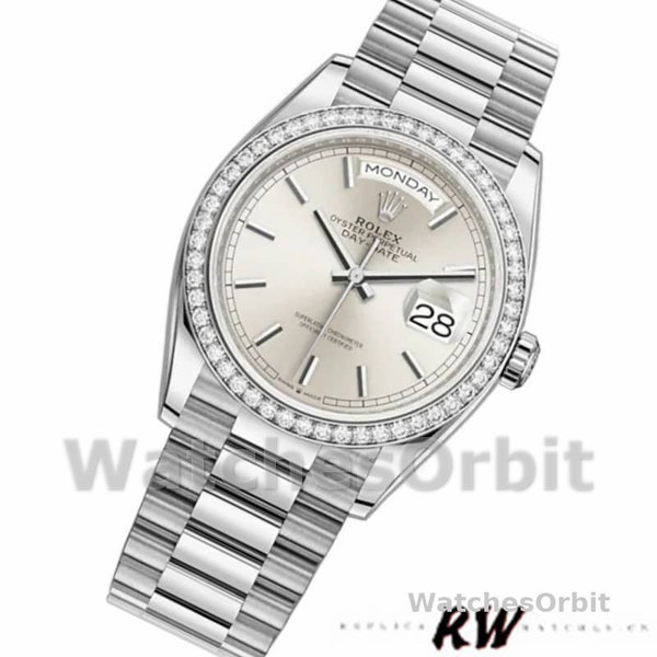 Rolex Day-Date 128349RBR Silver Index Dial Diamond Bezel 36MM Unisex Replica Watch