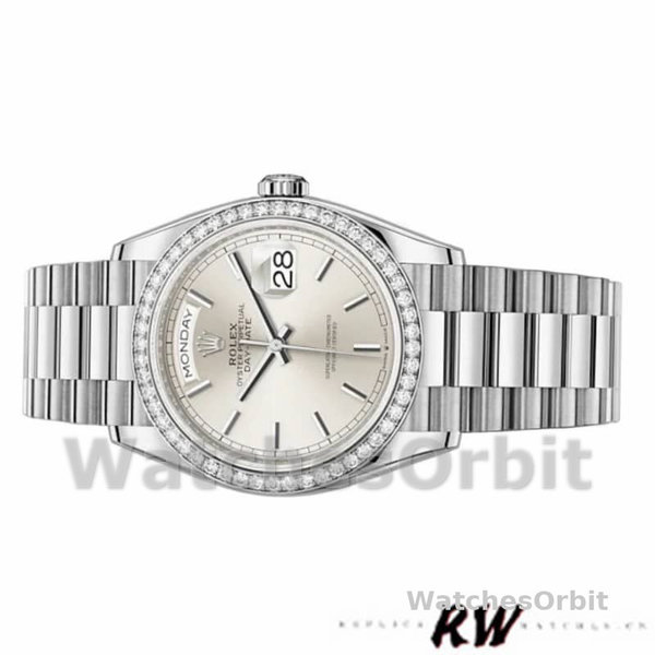 Rolex Day-Date 128349RBR Silver Index Dial Diamond Bezel 36MM Unisex Replica Watch