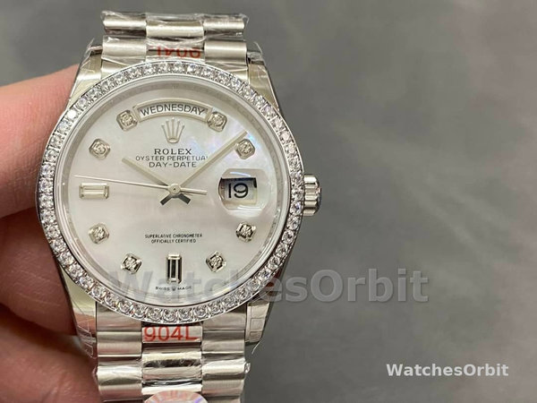 Rolex Day-Date 128349RBR White Mother of Pearl Dial Diamond Bezel 36MM Lady Replica Watch