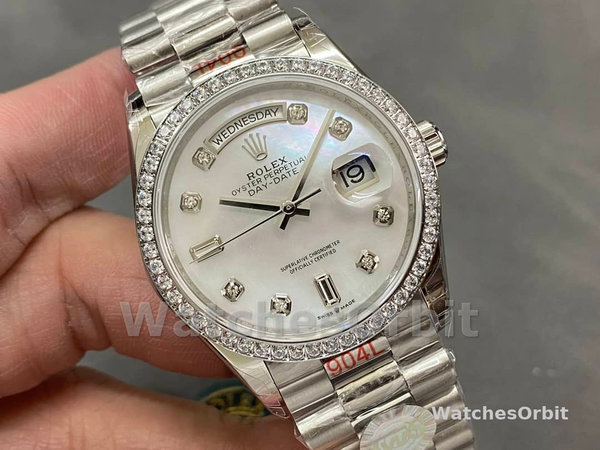 Rolex Day-Date 128349RBR White Mother of Pearl Dial Diamond Bezel 36MM Lady Replica Watch