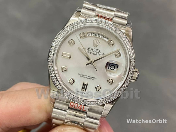 Rolex Day-Date 128349RBR White Mother of Pearl Dial Diamond Bezel 36MM Lady Replica Watch