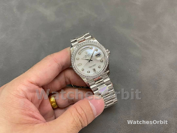 Rolex Day-Date 128349RBR White Mother of Pearl Dial Diamond Bezel 36MM Lady Replica Watch