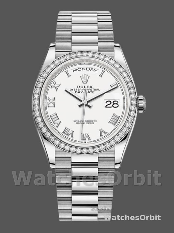 Rolex Day-Date 128349RBR White Roman Dial Diamond Bezel 36MM Unisex Replica Watch