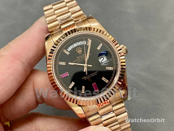 Rolex Day-Date 218235 Diamonds and Rubies Black Dial Rose Gold 41MM Mens Replica Watch