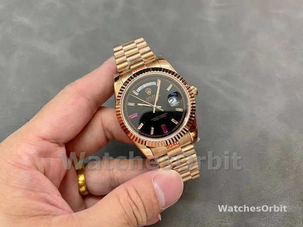Rolex Day-Date 218235 Diamonds and Rubies Black Dial Rose Gold 41MM Mens Replica Watch