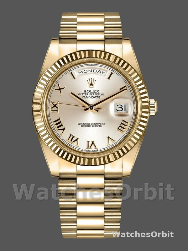 Rolex Day-Date 218238 Silver Roman Numeral Dial Yellow Gold 41MM Mens Replica Watch