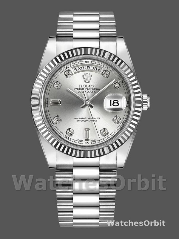 Rolex Day-Date 218239 Diamond Silver Dial White Gold 41MM Mens Replica Watch