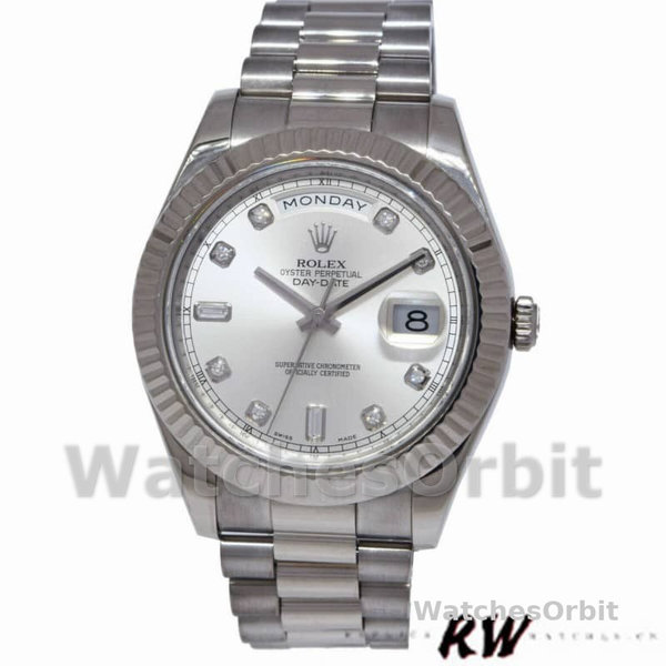 Rolex Day-Date 218239 Diamond Silver Dial White Gold 41MM Mens Replica Watch