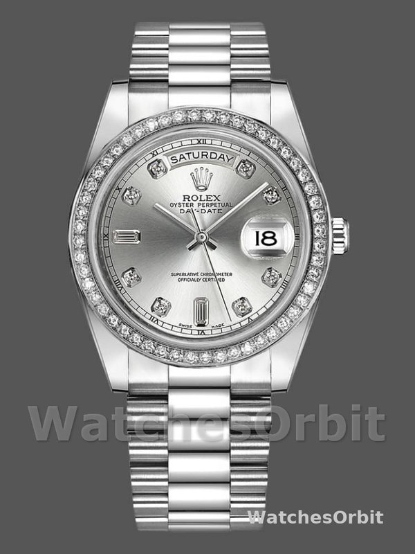 Rolex Day-Date 218349 Silver Diamond Dial 41MM Mens Replica Watch
