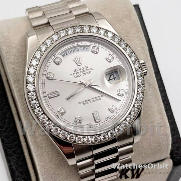 Rolex Day-Date 218349 Silver Diamond Dial 41MM Mens Replica Watch