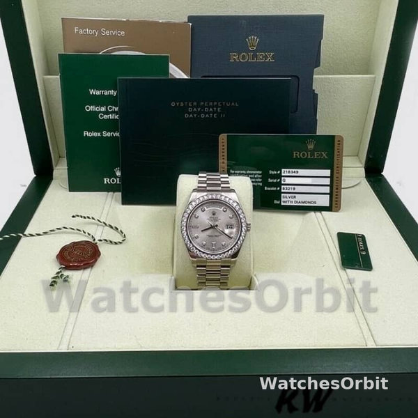 Rolex Day-Date 218349 Silver Diamond Dial 41MM Mens Replica Watch