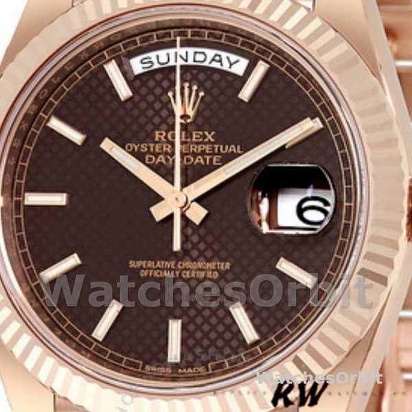 Rolex Day-Date 228235 Chocolate Brown Diagonal Motif Dial Fluted Bezel 40mm Mens Replica Watch