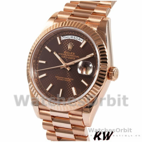 Rolex Day-Date 228235 Chocolate Brown Diagonal Motif Dial Fluted Bezel 40mm Mens Replica Watch