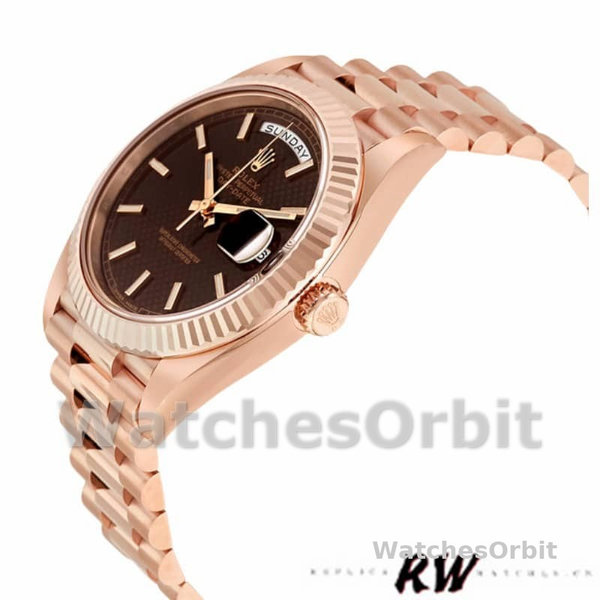 Rolex Day-Date 228235 Chocolate Brown Diagonal Motif Dial Fluted Bezel 40mm Mens Replica Watch