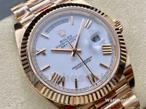 Rolex Day-Date 228235 White Roman Numeral Dial Fluted Bezel 40mm Mens Replica Watch