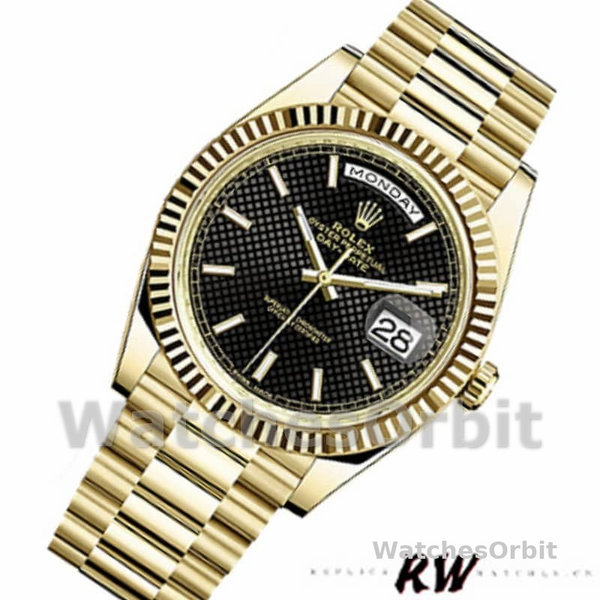 Rolex Day-Date 228238 Black Diagonal Motif Dial Fluted Bezel 40mm Mens Replica Watch