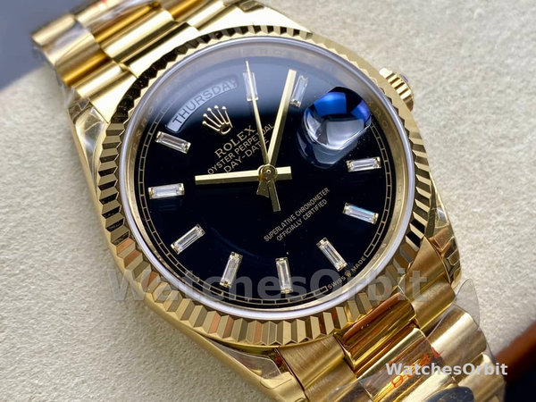 Rolex Day-Date 228238 Black Diamond Dial Fluted Bezel 40mm Mens Replica Watch
