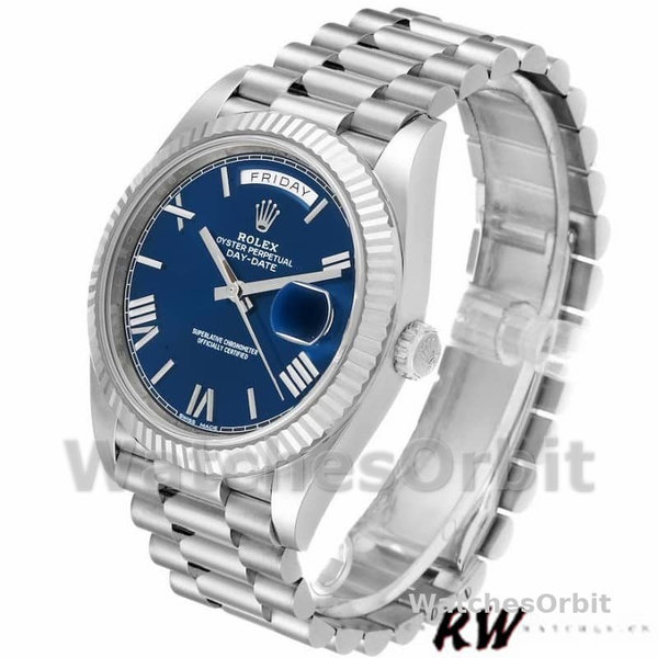 Rolex Day-Date 228239 Blue Roman Dial Fluted Bezel 40mm Mens Replica Watch