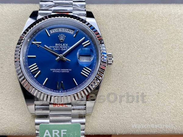 Rolex Day-Date 228239 Blue Roman Dial Fluted Bezel 40mm Mens Replica Watch